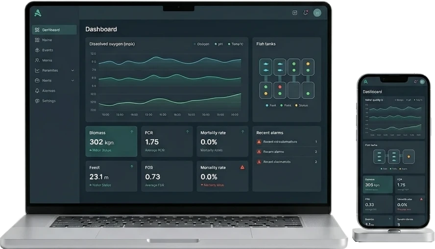 AquaOS aquaculture management platform dashboard showing batch tracking, water quality, and production KPIs