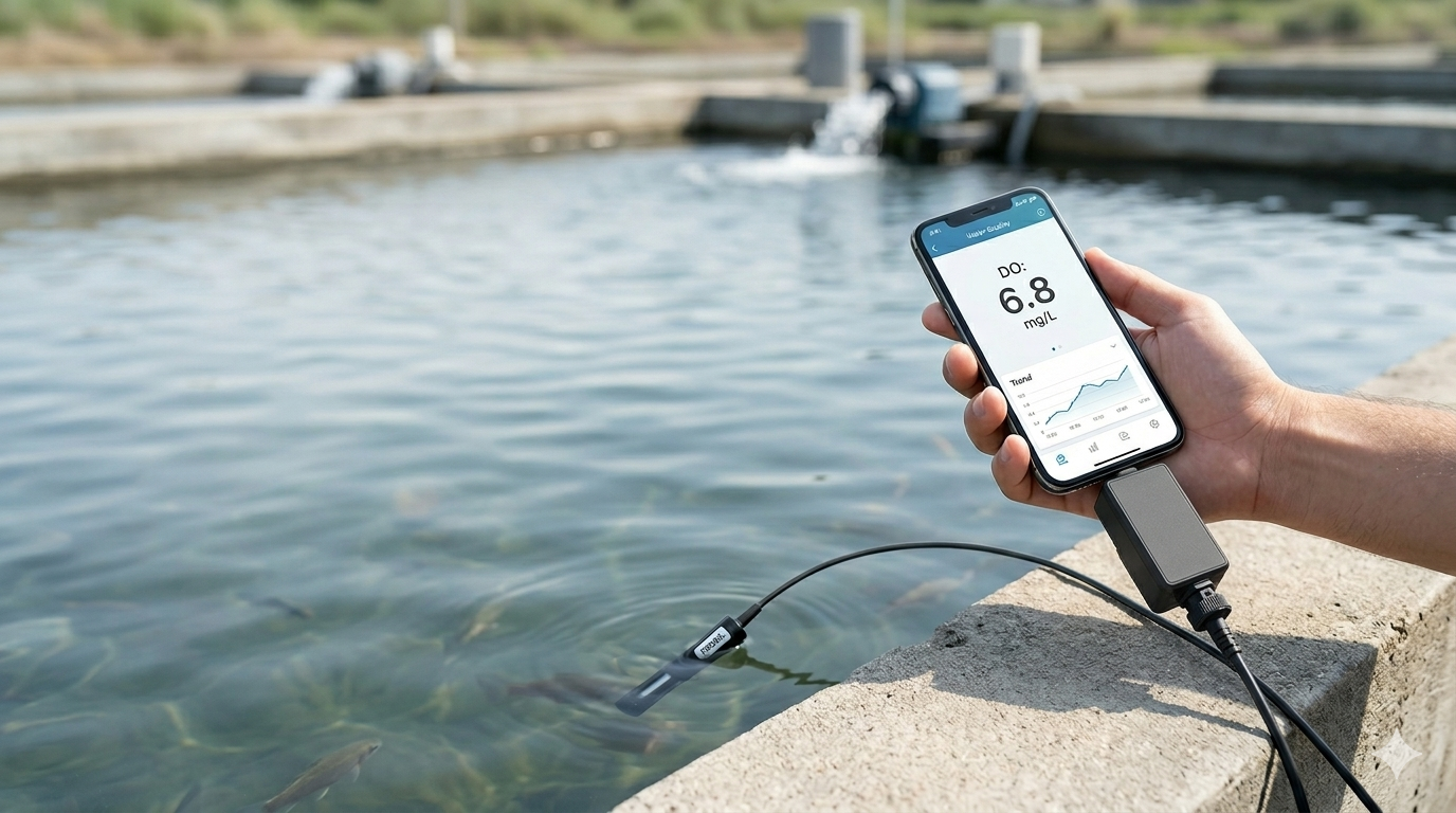 A worker holding a phone with the Agrinovo MobileSense adapter plugged in, reading dissolved oxygen from a probe in an aquaculture pond