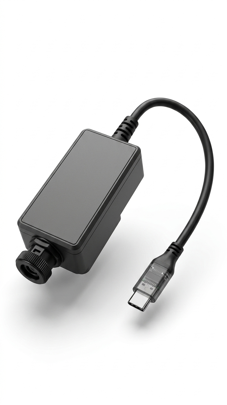 The Agrinovo MobileSense adapter, with a USB-C connector for the phone on one end and an Agrinovo sensor connector on the other